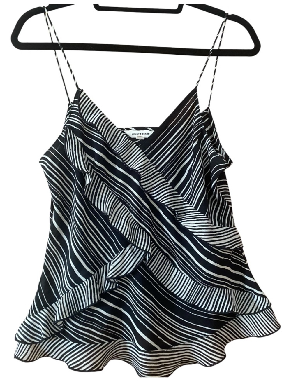 Lucky Brand Striped Ruffle Wrap Cami Tank Top Black White Size Small